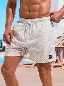 Men's Regular Fit Geometric Print Beach Shorts, Casual Comfy Breathable Swim Shorts for Summer, Men's Shorts for Beach Vacation, Swimwear Shorts, Drawstring Swim Bottom, Summer Swim Trunks, Swim Board Shorts, Swimming Trunks, Summer Swim Bottoms