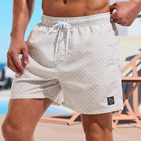 Men's Regular Fit Geometric Print Beach Shorts, Comfy Breathable Pockets Swimming Shorts for Summer, Men's Shorts for Beach Vacation, Swimwear Shorts, Swimsuit Shorts, Drawstring Swim Bottom, Summer Swim Trunks