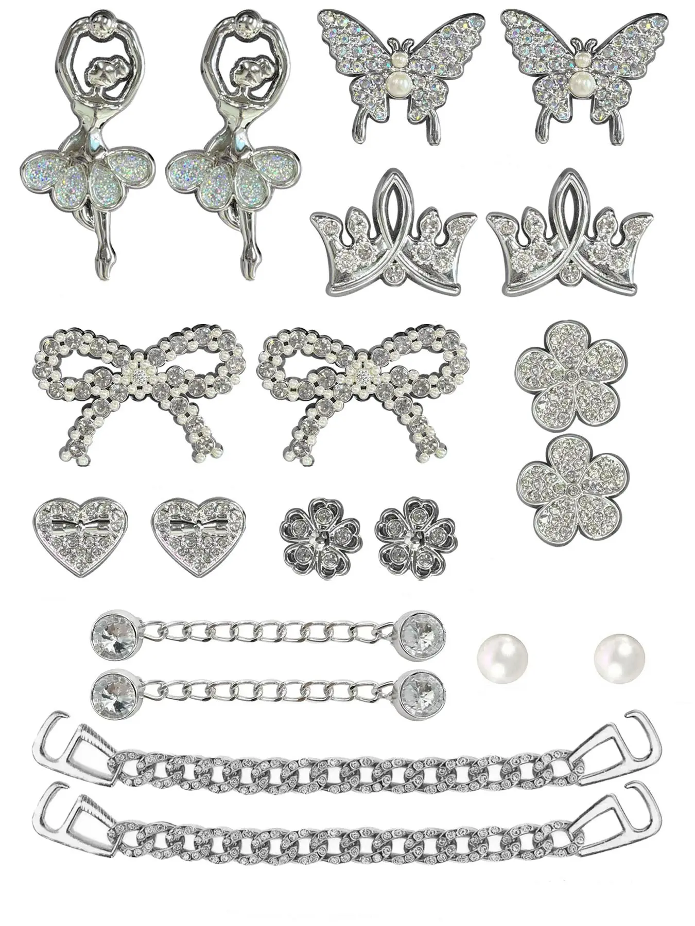 20 Pcs Luxury Silver Color Rhinestone Resin Shoe Buckles, Ballet Girl Crown Chain DIY Shoe Accessories, Holey Shoes Decorations, Shoe Decoration Charms