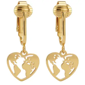 Gold Heart World Clip On Dangling Earrings