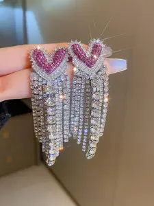 Rhinestone Decorated Heart Design Tassel Dangle Earrings, Fashionable Jewelry for Women, Trendy All-match & Exquisite Jewelry for Birthday Gift, High Quality Earrings