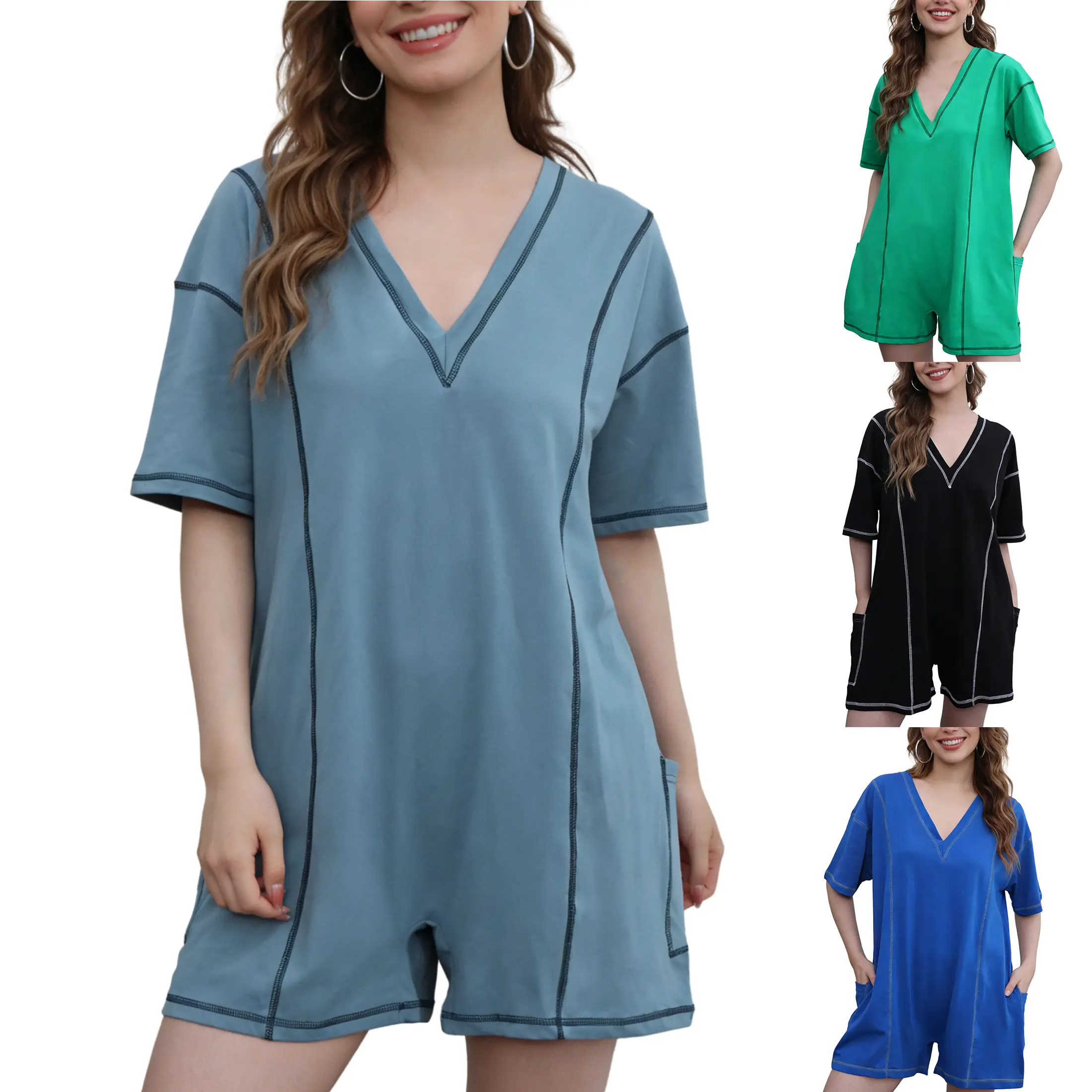 Yeokou Rompers for Women, Casual Summer Basic Shortsleeve V-Neck Jumpsuit, Stretch Cotton Loose Fit Wide Leg with Pockets, Wedding, Holiday, Cotton Blend, Evening, Woven, Xl, Pull On, S