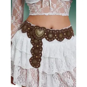 Women's Vintage Ethnic Pattern Heart Western Belt, Rivet Decorated Trendy Stylish Belts, Boho Style Waistband for Jeans & Short Skirt, Buckles Fashion Belts for Party, Daily Clothing Decor, Exquisite Belt