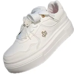 Elizabeth White Platform Sneakers with Gold Embellishment Lace-Up Design for Women Comfortable Fashion Shoes