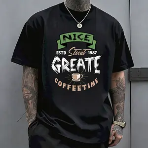 Men’s black-and-white short-sleeve printed T-shirt — street fashion casual crew neck, suitable for everyday outdoor wear