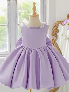 Lilac Kids Clothes Beading Flower Girl Ball Gown Pageant Big Bow Children Fashion Elegant Performance Princess Prom Host Formal Evening Party Cocktail Dress for all Season 4 to 8 Years Solid Color Dress