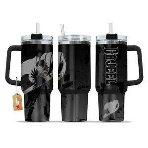STORMMECH- Gajeel 40oz Insulated mug, Fairy Tail insulated tumbler,  cartoon design, thermal mug, double wall vacuum stainless steel, straw lid with handle leak proof, keeps hot 12 hours cold 24 hours, valentine birthday gift