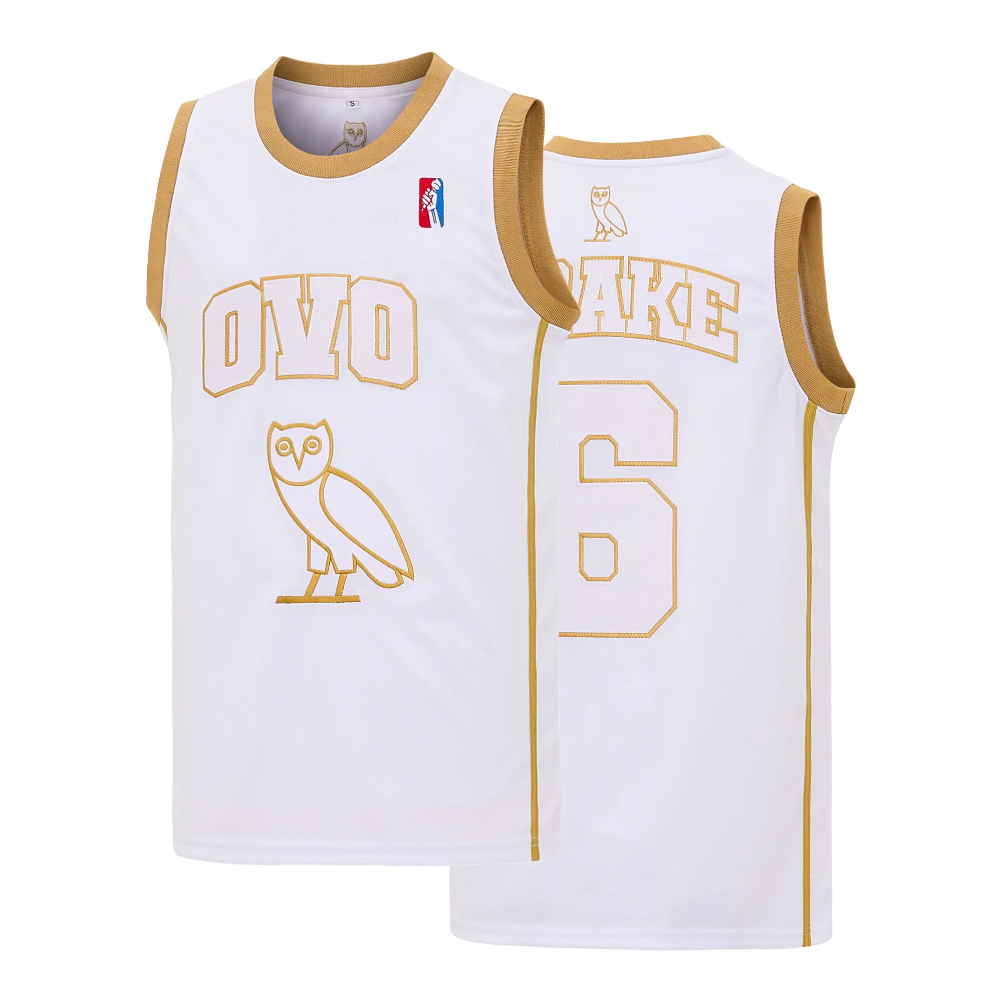 Men’s OVO Owl #6 White Gold Sturdy Crew Neck Basketball Jersey - Full Embroidery, Quick Dry, Breathable, Sporty Chic Athletic Top, Vintage Hip Hop Streetwear Uniform