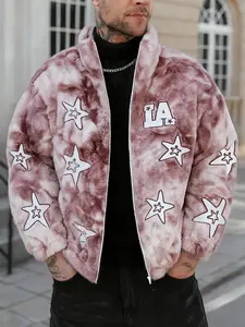 Men’s and women’s versions. Streetwear style: LA letters and pink tie-dye star-shaped appliqué fleece jacket for winter warmth and protection. Suitable for streetwear, trendy outfits, cold weather protection, men’s gifts, campus-inspired styles, casual we