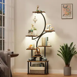 Bookshelf with Lights - 62" Unique Tall Bookshelves, 8 Tier Lighted Book Shelf for Collectibles, Modern Narrow Display Shelf, S-Shaped ladder Book Stands for Bedroom Living Room, Rustic Brown