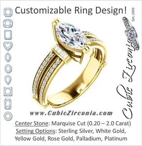 Cubic Zirconia Engagement Ring- The Kaitlyn (Customizable Marquise Cut with Flanking Baguettes And Round Channel Accents)