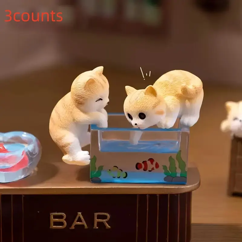 3-Piece Cat & Fish Tank Dolls Set, Miniature Home Decor Accessories, Decorative Figurines, Creative Desktop Model Figurines, Cute Animal Design Ornaments for Desk Decoration, Cute Collectible Figurines, Resin Ornament, Figurines for Collectors
