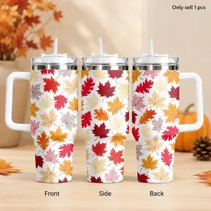 GuLuBoo Autumn Maple Leaf Pattern Vacuum Flasks 40oz Stainless Steel Insulated Tumbler, Leak proof Travel Mug with Straw & Handle, Portable Water Bottle for Coffee, Gym & Office, Fashion Drinkware Cups Ideal Holiday Gifts