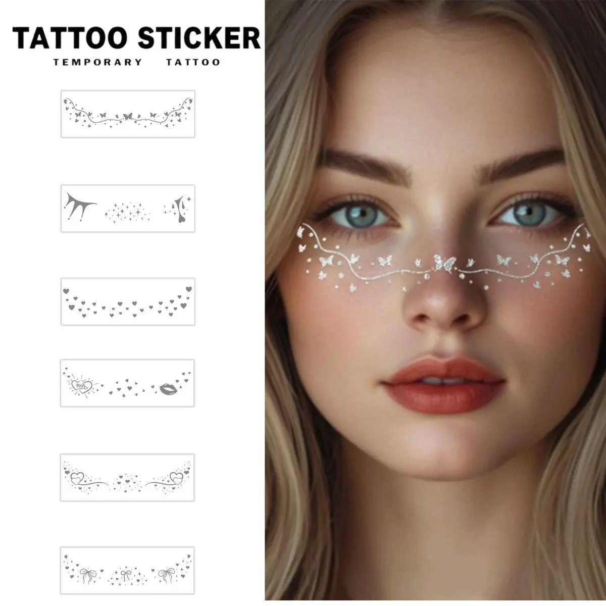Temporary Tattoo White Glitter Butterfly Rhinestone Face Makeup Series Fake Tattoo Stickers, 5 Sheets Pack, Semi-Permanent Durable Waterproof, Delicate Clear Look For Women, Perfect For Music Festival Halloween Party Body Art - Temporary Tattoos