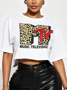 Vintage Mtv Leopard Print Short Summer Tee, 90s Music Channel Inspired, Loose Fit, Breathable Fabric, Perfect for Streetwear & Parties, Casual Top