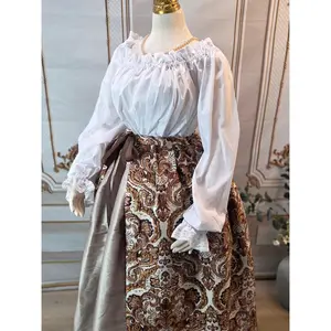 Elizabethan Gown Style Over Skirt - Brown and Cream Damask Jacquard