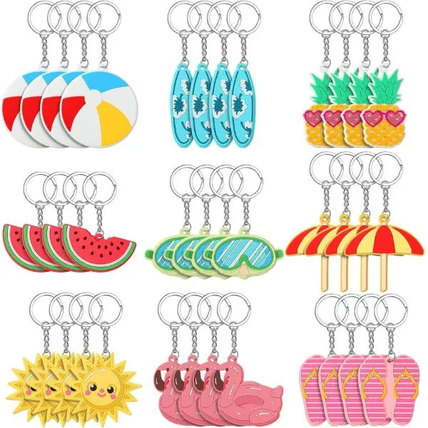 36 Pack Summer Party Keychains, Hawaiian Luau Party Favors, Beach Flamingo Pineapple Turtle Surfboard Keychain Gifts, Tropical Pool Party Supplies