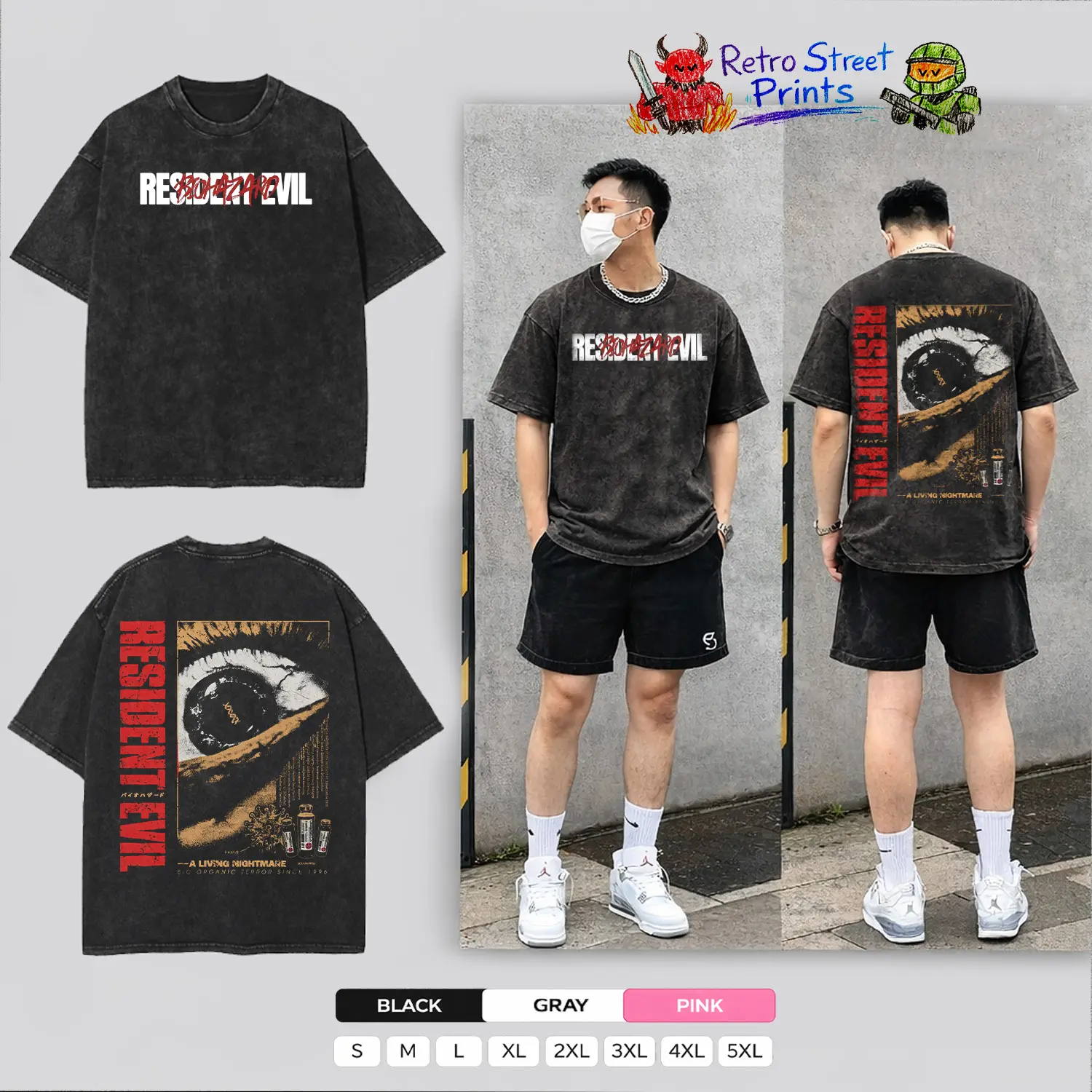 Resident Evil [1996] T-Shirt, Nightmare/Umbrella Corp, Washed Cotton T-shirt unisex graphic tees game anime manga movie Menswear Casual gamer merch t-shirt Clothes Top
