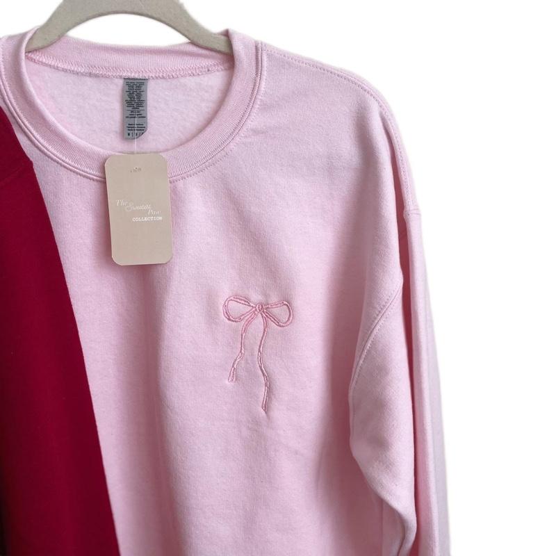 Coquette embroidered pink bow sweater with BFF and a heart on the right cuff,  gift idea for your bestie, gift idea for your sister, pink bow, embroidered pink bow, valentines day gifts, chic style,