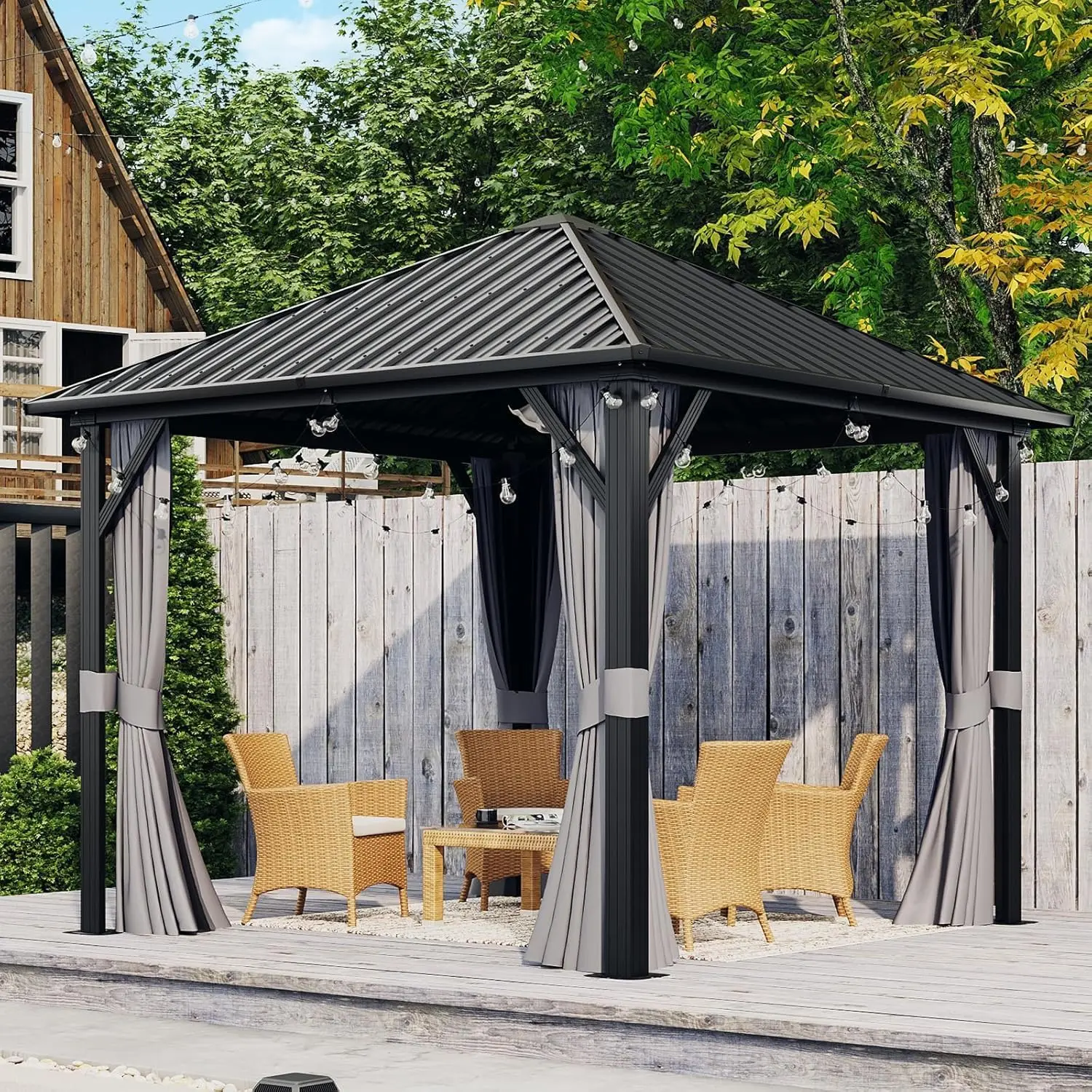 Aoxun 10×10 FT Hardtop Gazebo, Aluminum Frame & Galvanized Steel Roof Outdoor Canopy with Netting & Privacy Curtains for Backyard