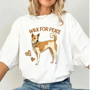 Embroidered Walking with Aloka Dog T-Shirt Zen Buddhist Monk Compassion Graphic Tee, Cozy Unisex Cotton Shirt for Peaceful Walks Mindfulness Meditation and Everyday Comfort