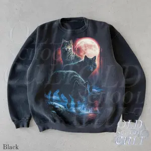 Wolf Vintage 90s Style Sweatshirt, Full Moon Crewneck | Retro 90s Wildlife Pullover | Unisex Black Three Wolves Graphic Sweater