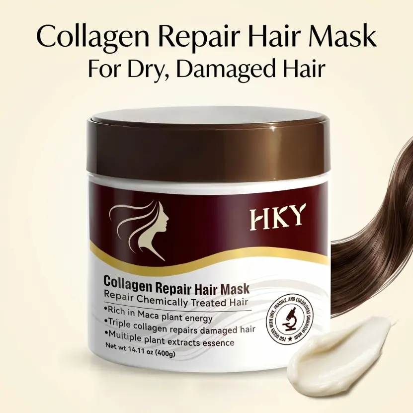 HKY Collagen Hair Mask Haircare - Deep Repair Conditioner for Dry, Damaged, Color-Treated Hair, Nourishing Treatment with Maca, B5, 400g