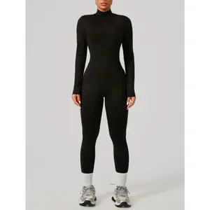 Women's Solid Zip Up Skiing Jumpsuit, Casual Sporty Long Sleeve thermal Quick-Dry Jumpsuit for Skiing Cycling, Ladies Sportswear for Fall & Winter, Yoga Gym Workout Running Wear, 3D Structural Seam Design Athletic Training Apparel All Season Activewear