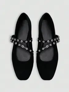 Women's Mary Jane Flat Shoes, Velvet Cross Strap Design, Silver Color Round Ring Studs, Comfortable Daily Commute Footwear, Rubber, Casual Flats