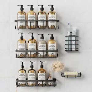 PKBD 3/5 Pack Stainless Steel Shower Caddy Set, Rustproof Adhesive Bathroom Organizer with Soap Holder, Smooth Wipe Wall Organizer, No-Drill Shower Shelves for Bathtub & Kitchen