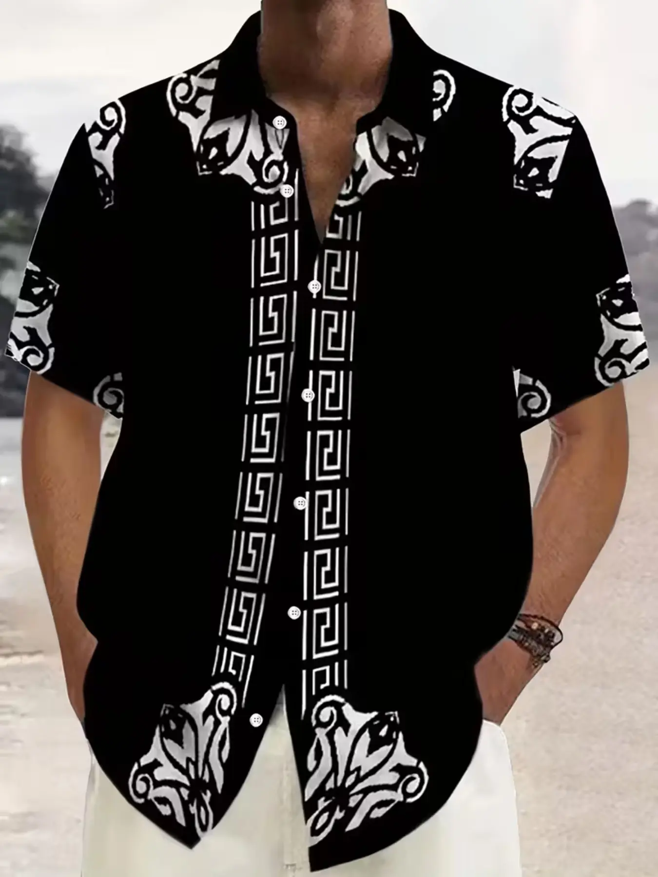 Men's Baroque Vintage Geometric Print Button Short Sleeve Shirt, Casual Slim-Fitting Blouse, All over Print, H Type