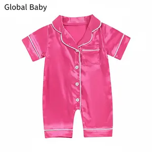 Global Baby Kids Girls Overalls for Casual Daily Pajama Set for Kids Baby Boy Girl Button-up satin Silk Sleepwear Nightwear  Clothes Set Jumpsuit Pajama Short Sleeve Lapel Solid