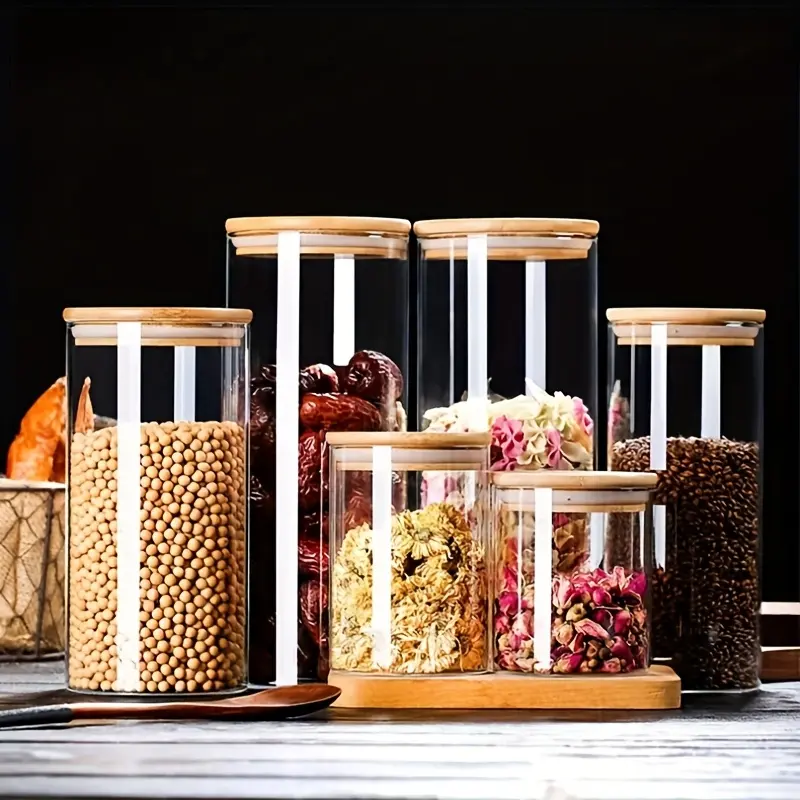 6pcs Borosilicate Heat-Resistant Glass Sealed Jars, Transparent Glass Round Storage Jars for Kitchen Snacks, Grains Storage Jars with Lids, Sealed Storage Jars for Candies and Coffee Beans, Food Storage Containers, Airtight Glass Containers