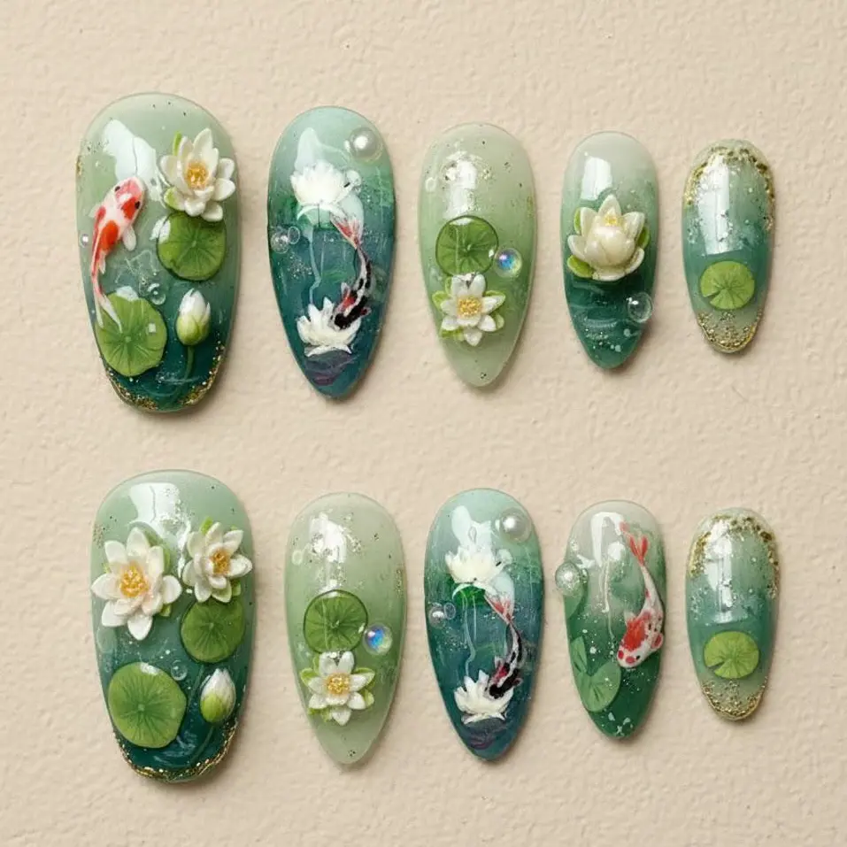 Koi Fish Nail Art, Nature Press On Nail, Cottage Garden Nail Set, Spring Nail Art, Lotus Nail, 3D Nail art