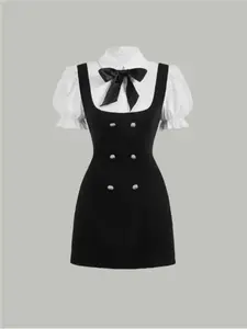Fashion Party Mini Dress, Sweet Cute Two-In-One Knit Summer Dress Lion Head Buckles Button Detachable Bow Preppy Style Chic Fashionable Versatile School Youth Casual Wear Womenswear Mini, Elegant, Formal, Comfort, Out