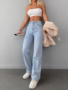 Women's Washed Denim Elastic Comfort Fabric Jeans, Casual Wide Leg Slim Fit Long Pants, Versatile All-Season Wear, 1 Piece