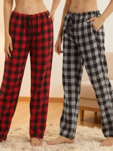 2 Pack Women's Pyjama Bottoms Cotton Checked Flannel Lounge Pants with Pockets Ultra Soft Pjs Trousers Pyjamas for Women Loungewear Nightwear Pajamas