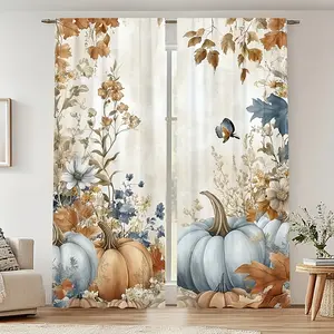 2 Pieces, 2D Flat, Fall Harvest Pumpkin and Leaf Print Curtains, Window Curtain - Holiday Thanksgiving Christmas Decor, Easy Hanging Rod Pocket Design, Elegant Floral Pattern, Perfect for Living Room, Kitchen, Office, Coffee Shop Home Fall Decorations
