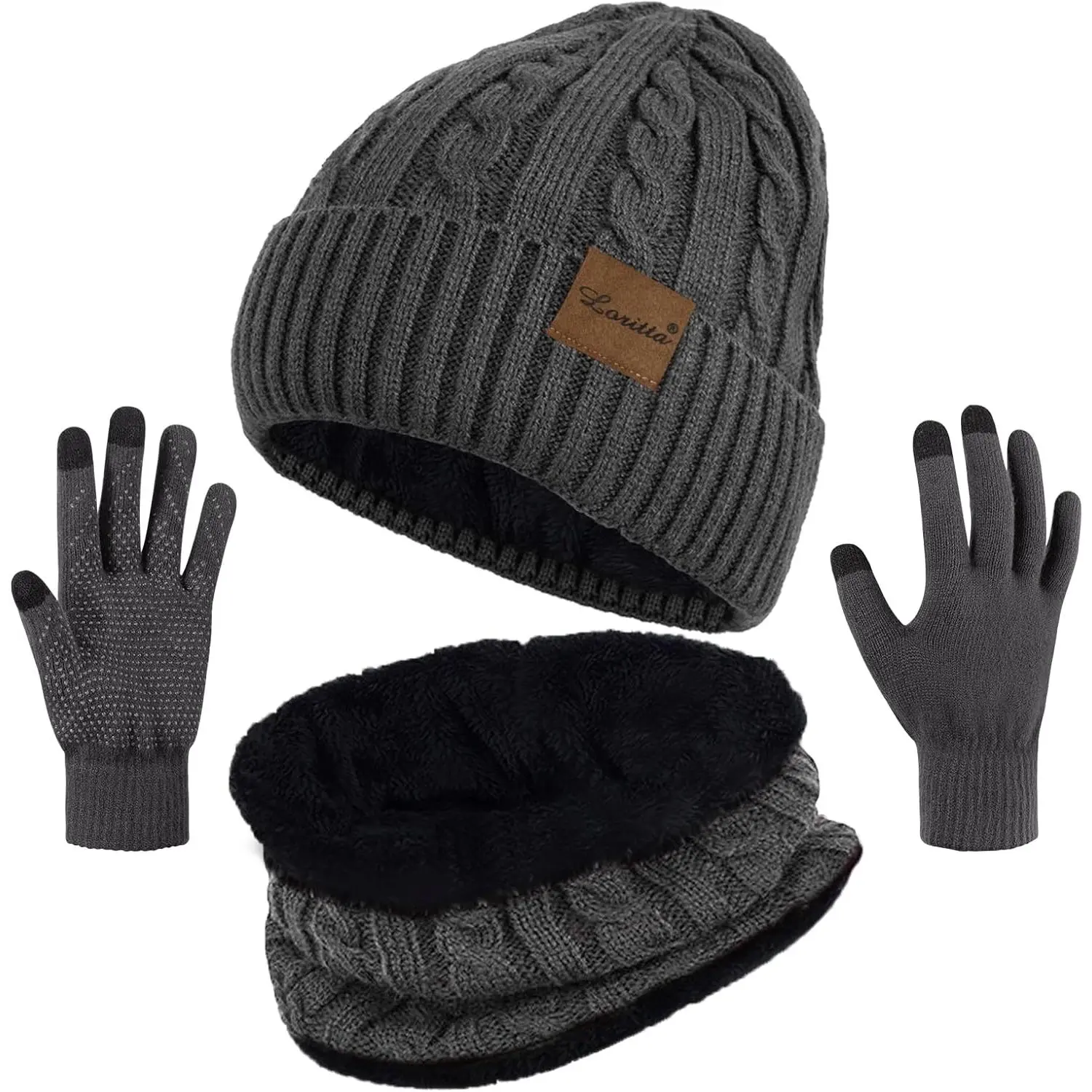 3 count Winter Beanie Hat Scarf Touch Screen Gloves Set Thick Warm Knit Skull Cap Fleece Lined Scarves Gifts for Women