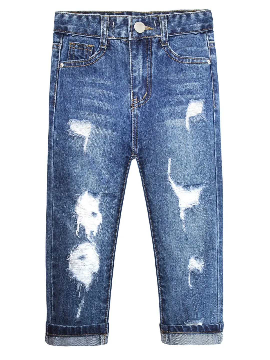 KIDSCOOL SPACE Boys' Slim-Fit Denim Jean Clothing, 3-14T Washed Style with Button Waist, Cuffed Ends, Frayed Accents, Soft for Daily Wear (3-4 Years Option Available)