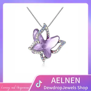 AELNEN S925 Sterling Silver Purple Butterfly Necklace with Colorful Crystals - Design Jewelry Gift Box Included | TikTok Trending Fashion Accessory for Women