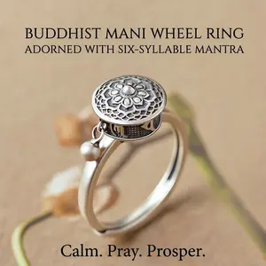 Unisex Buddhist Tibetan Prayer Wheel Ring Good Luck 7 Chakras Ring Lotus Floral Ring Open Adjustable Rotating Rings for Gifts