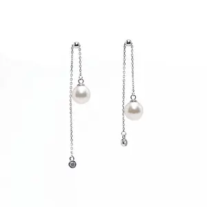 ANGEPERLE S925 Silver Adjustable Freshwater Pearl Threader Earrings 8-9mm TSJC004