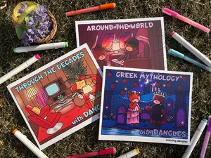 Coloring Dangles Complete Collection: 3 Coloring Book Bundle - Around the World, Through the Decades, and Greek Mythology Coloring Books