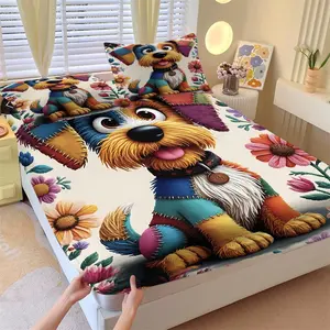 Cartoon Animal Bedding Set: 3-Piece Cute Dog-Print Fitted Sheet Set—Perfect Bedroom Decor for Kids or Teens. Soft, Skin-Friendly, and Breathable. (1 Fitted Sheet + 2 Pillowcases) — 3 Styles Available.