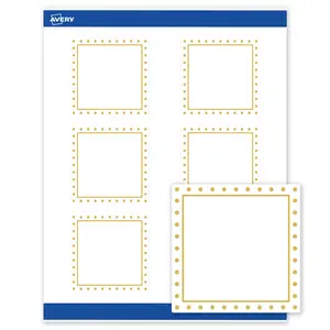 Avery Printable Square Labels, 3" x 3", Matte White, Pre-printed Gold Border/Gold Dots Design, Sure Feed Technology, Laser & Inkjet Compatible, 120 Total