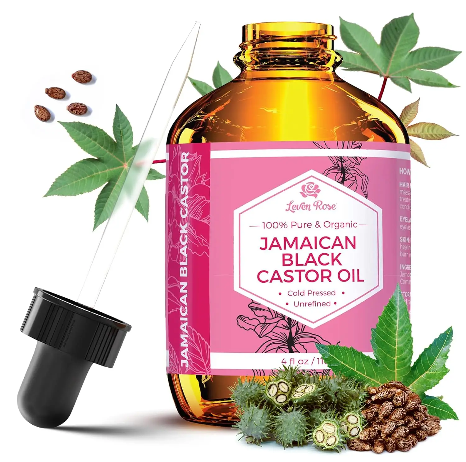 Leven Rose Organic Jamaican Black Castor Seed Oil - Natural, Organic Serum for Haircare & Skin Repair, Cruelty-Free & Vegan, Moisturizing Oil