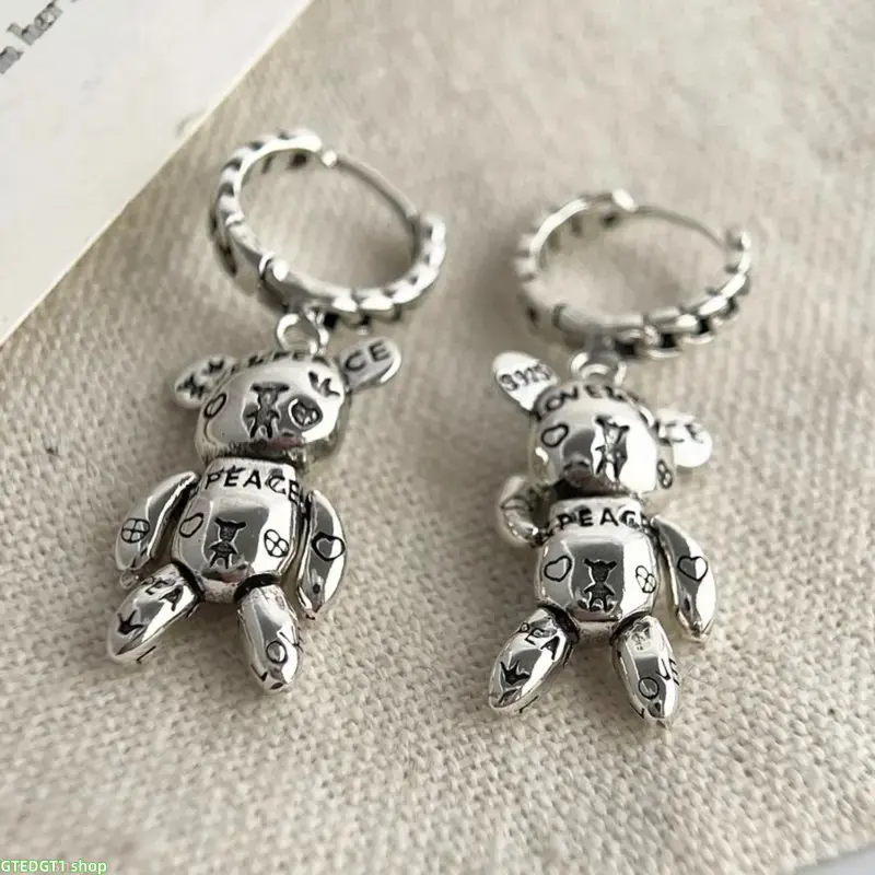 Women's S925 Sterling Silver Huggie Hoop Earrings with Movable Graffiti Bear Charms - Vintage Engraved 'Love & Peace' Hip Hop Street Punk Bag Charm for Daily Street Style Luggage Decor, Casual homedecor, Female