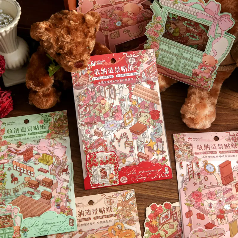 DIY 3D Sticker Scene Kit, Cute Folding Room Background Board Display Decor, Kawaii Teddy Bear House Miniature Crafts for Kids Adults, Stress Relief Sticker Therapy Gifts, 4 Themes Available