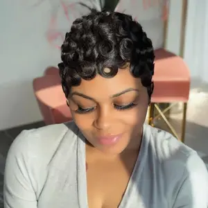 ReshineHair Short Curly Wigs for Black Women Brazilian Virgin Human Hair Pixie Cut with Bangs
